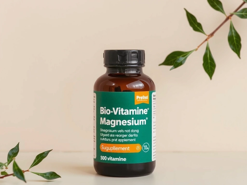 Recipient de Magneziu Biovitaminea, cu design minimalist și verde, pe un fundal natural.