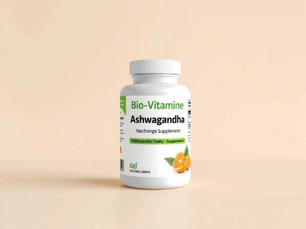 Recipient de Ashwagandha Biovitaminea, cu design curat și natural, pe un fundal calm.