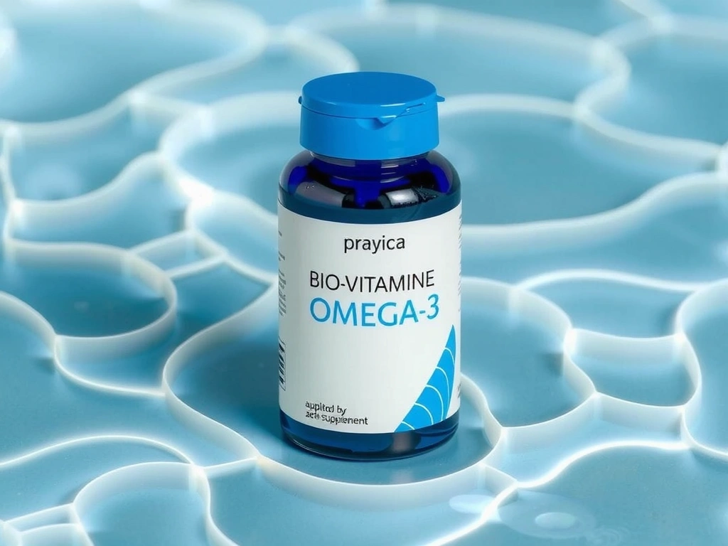 Recipient de Omega-3 Biovitaminea, cu design modern și albastru, pe un fundal acvatic.