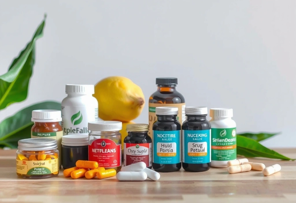 O colecție de diverse suplimente nutritive și vitamine aranjate estetic pe o masă de lemn, cu o lumină naturală blândă, simbolizând sănătatea și sprijinul energetic.