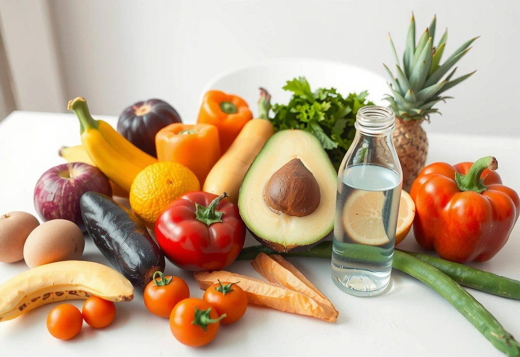 O masă plină cu fructe proaspete, legume colorate și o sticlă de apă, aranjate estetic, simbolizând o dietă sănătoasă și energizantă.