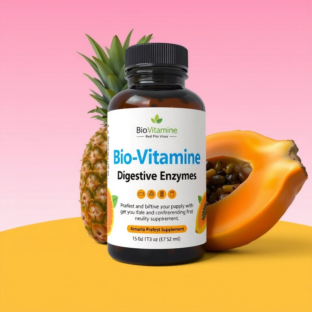 Imagine cu supliment de enzime digestive Biovitaminea, cu flori de ananas și papaya în fundal