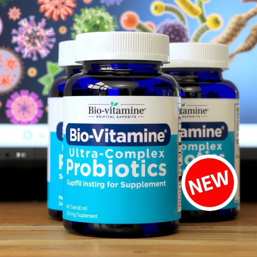 Imagine cu supliment de Probiotice Ultra-Complex Biovitaminea, cu ilustrații de bacterii benefice