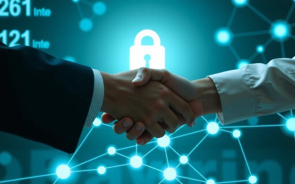 Două persoane care își strâng mâna peste o rețea digitală, simbolizând parteneriate sigure