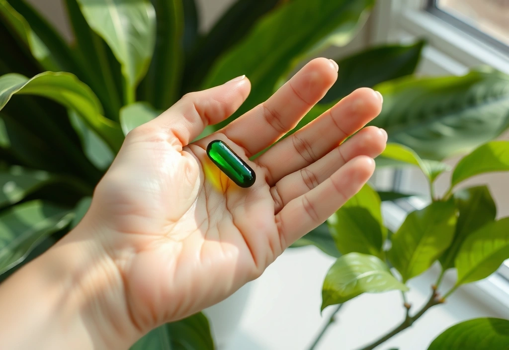 Mână care ține o capsulă verde, cu plante în fundal