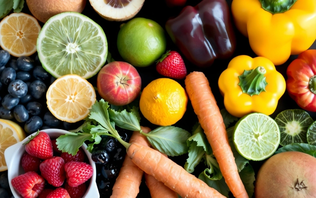 O varietate colorată de fructe și legume proaspete, bogate în vitamine