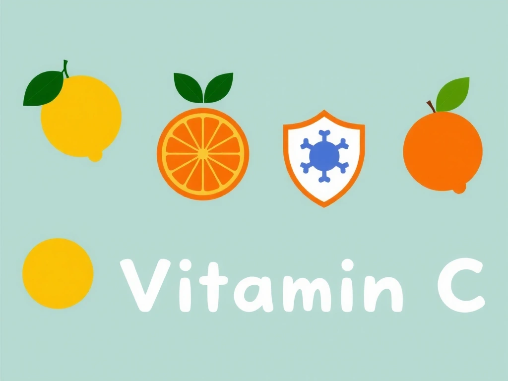 Reprezentare abstractă a vitaminei C, cu citrice stilizate și simboluri de imunitate